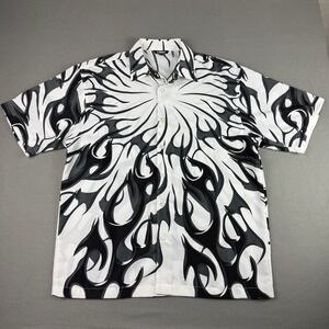 Vintage Y2K Mecca Shirt Mens Large All Over Print Flames White Black Ricky TPB‎